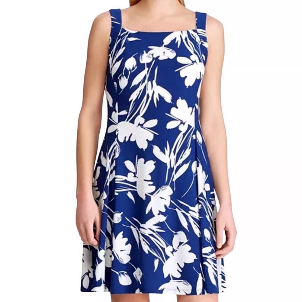 Chaps Navy and White Floral Midi Dress